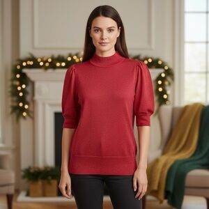 Michael Kors Red Cotton blend Sparkle Short Sleeve Mock Neck Sweater Sz XL